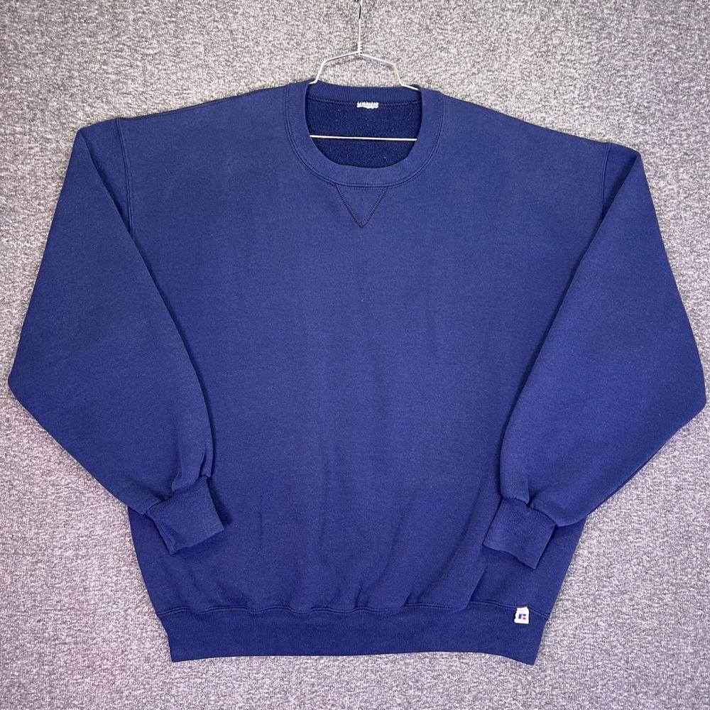 Russell Sweatshirt Mens 2XL Navy Blue Vintage Crewneck V-Stitch Fleece Pullover